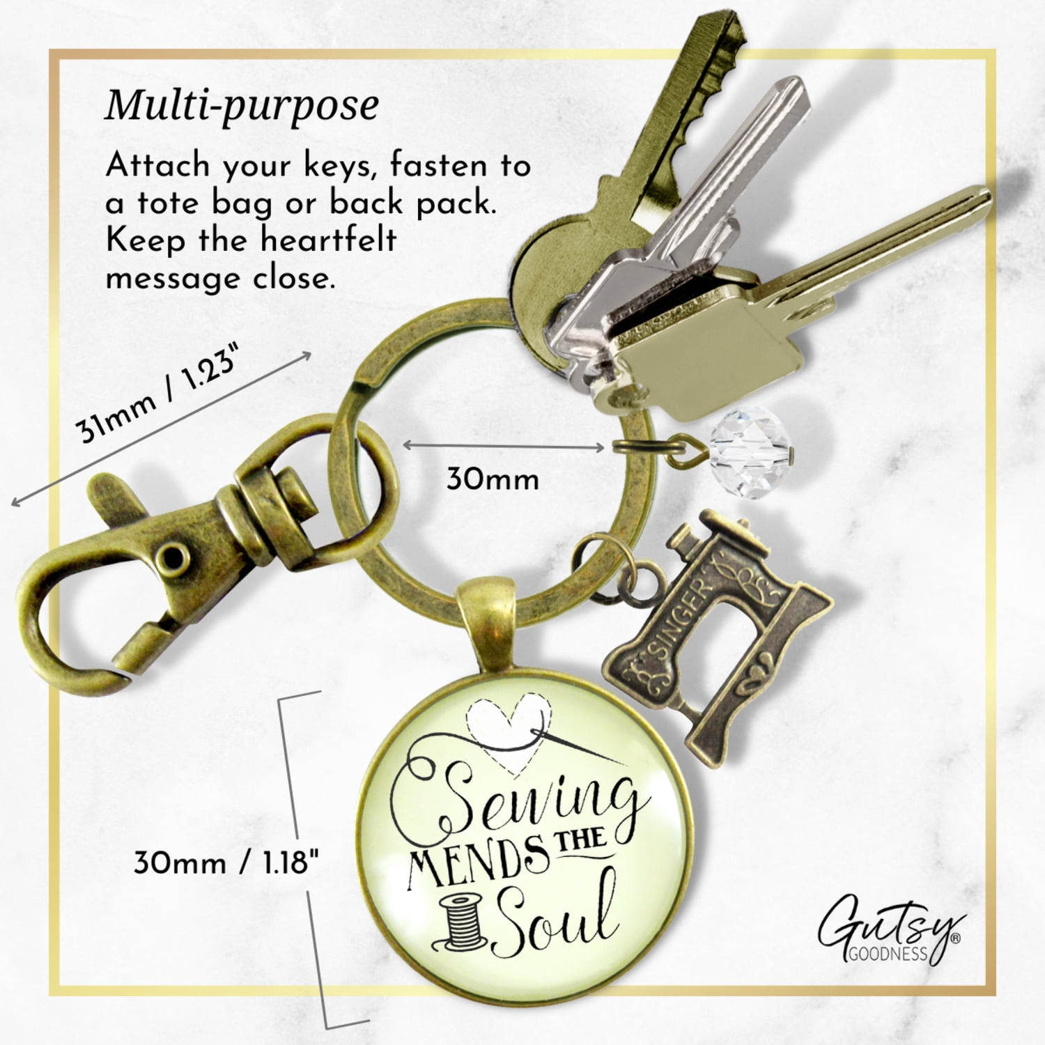 Sewing Keychain Gutsy Goodness Mends the Soul Seamstress Key Ring Bronze Metal Adult Female Jewelry Machine Charm