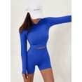 thumbnail image 2 of Women Workout Sets 2 Pieces Long Sleeve Yoga Outfits Gym Clothes Seamless Ribbed Crop Top High Waist Leggings Blue S, 2 of 6