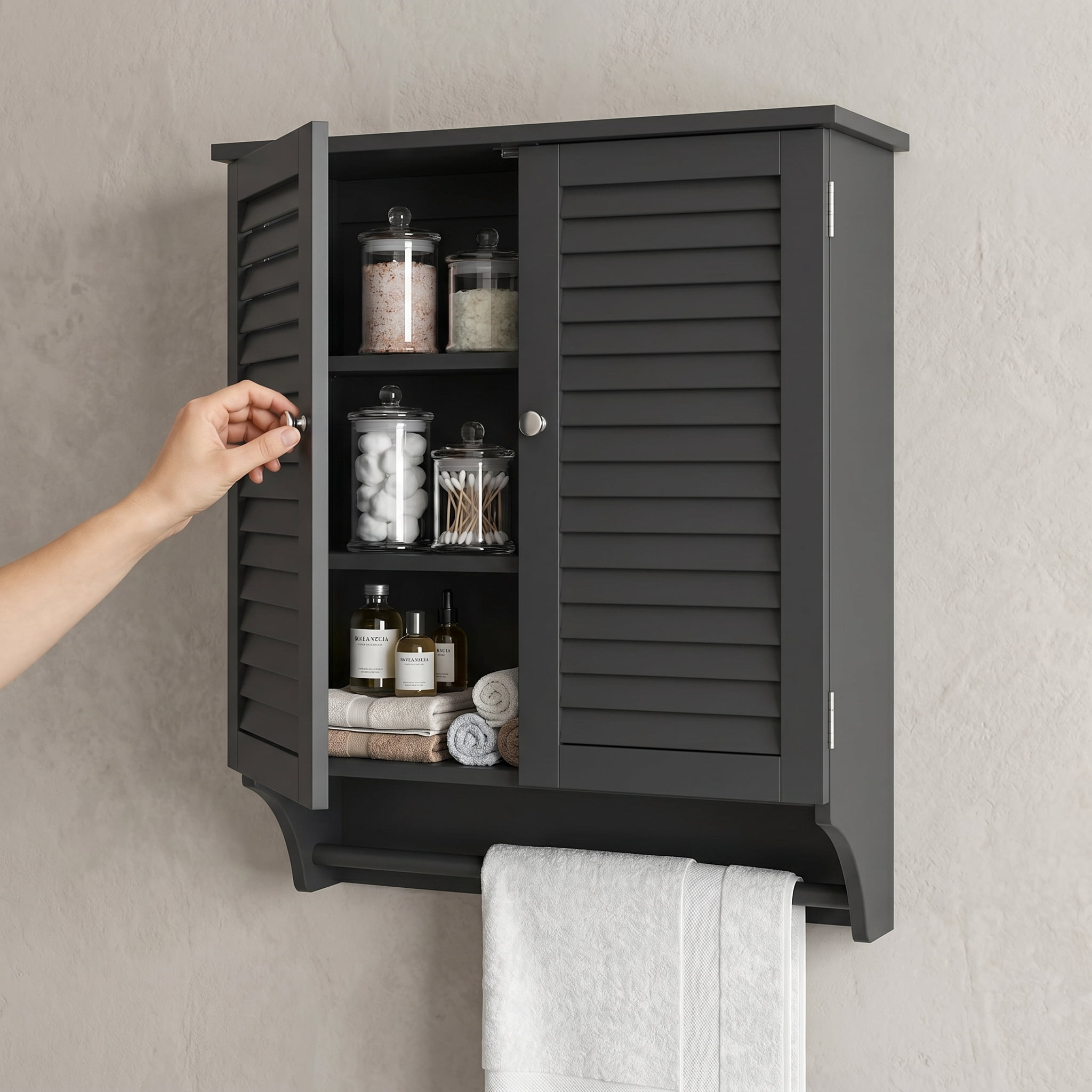Kadyn Bathroom Cabinet Wall Mounted, Hanging Cabinet, Wall Cabinet,2-Doors Bathroom Wall-Mounted Medicine Cabinet with Towel Bar-Black