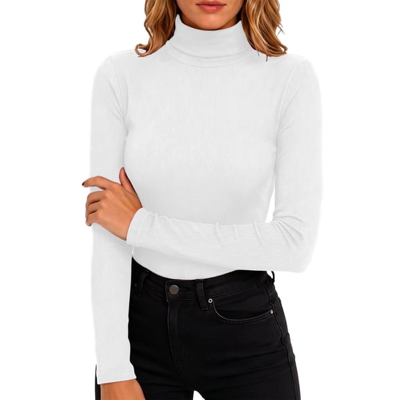 XuJwPNcy Long Sleeve Shirts for Women Ribbed Knit Turtleneck Tops Fall Slim Fit Thermal Undershirts Stretchy Basic Layer Tee(White,X-Large)