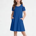 thumbnail image 2 of Busydd Dresses for Teens 5-15 Years Casual Summer Solid Color off Shoulder T Shirt Dress Trendy Round Neck Short Sleeve Girl Dresses with Pockets 5-6 Years, 2 of 7
