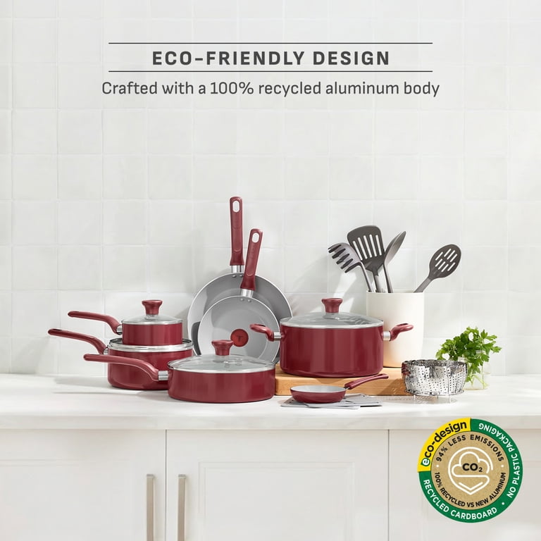 T-fal Easy Care 18-Piece Ceramic Nonstick Cookware Set, Red photo 3