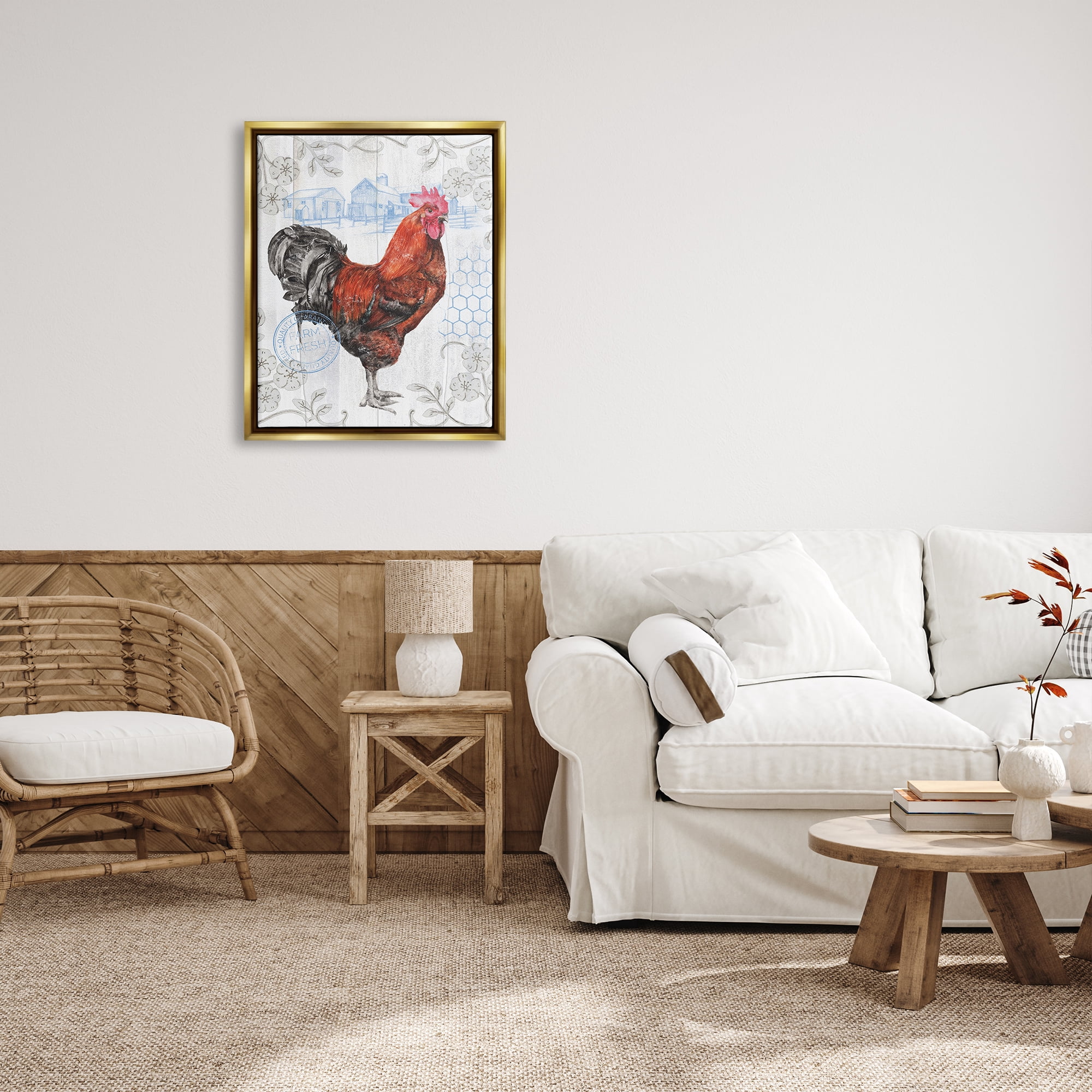 Stupell Industries Rustic Farmhouse Rooster Animals & Insects Painting Gold Floater Framed Canvas Art Print Wall Art, 25 x 31