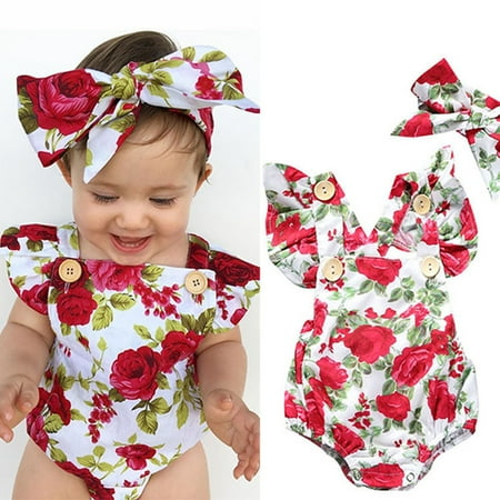 

Romper Suit Floral Jumpsuit One-piece Button Romper Girl Girls Dress&Skirt (Red 90)