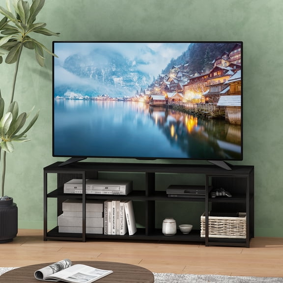 Furinno Camnus TV Stand for TVs up to 65 Inch, 3-Tier Black Entertainment Center, Open Back TV Console with Cable Management, for Living Room, Bedroom, Dark Americano/Black