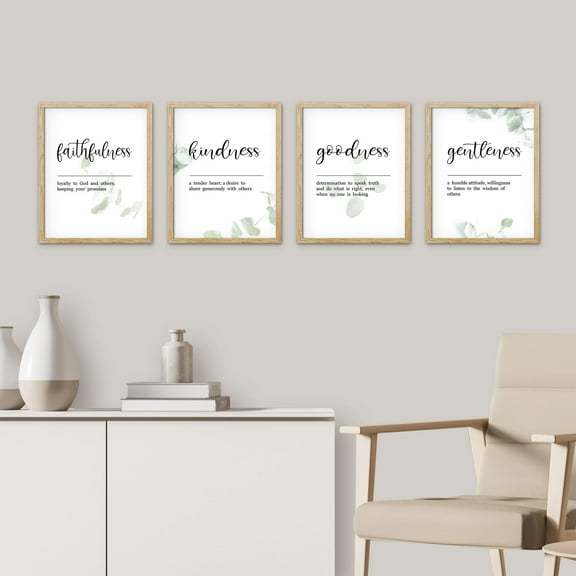 PixonSign Framed Wall Art Spiritual Inspirational Virtue Quotes Posters, Set of 4 Faithfulness, Kindness, Goodness, Gentleness Botanical Illustrations, Canvas Prints for Home Decor - 11"x14" Natural