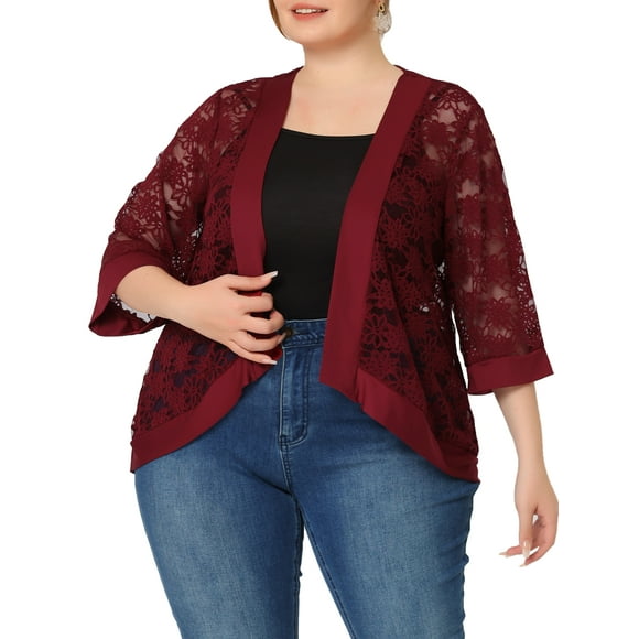 Cárdigan de mujer plus size Agnes Orinda con encaje de crochet, mangas 3/4, ligero y transparente, ideal para el verano, talla 3X, color burdeos