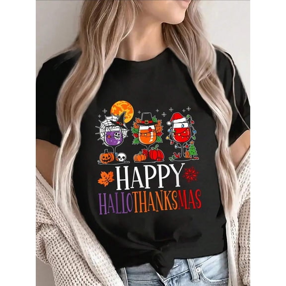 Happy Hallothanksmas Halloween Thanksgiving Christmas Wine T-Shirt