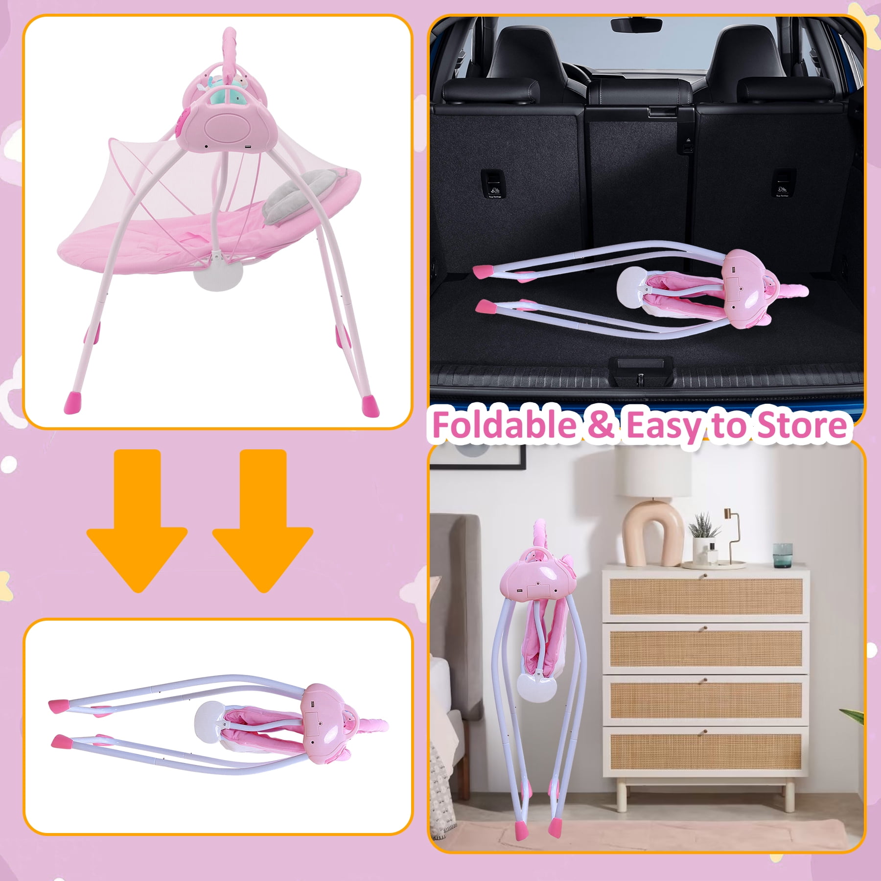 RICHYOUNG Folding Baby Swing for Infant,Bluetooth Music,Remote Control,5-Speed Baby Bouncer(Pink)