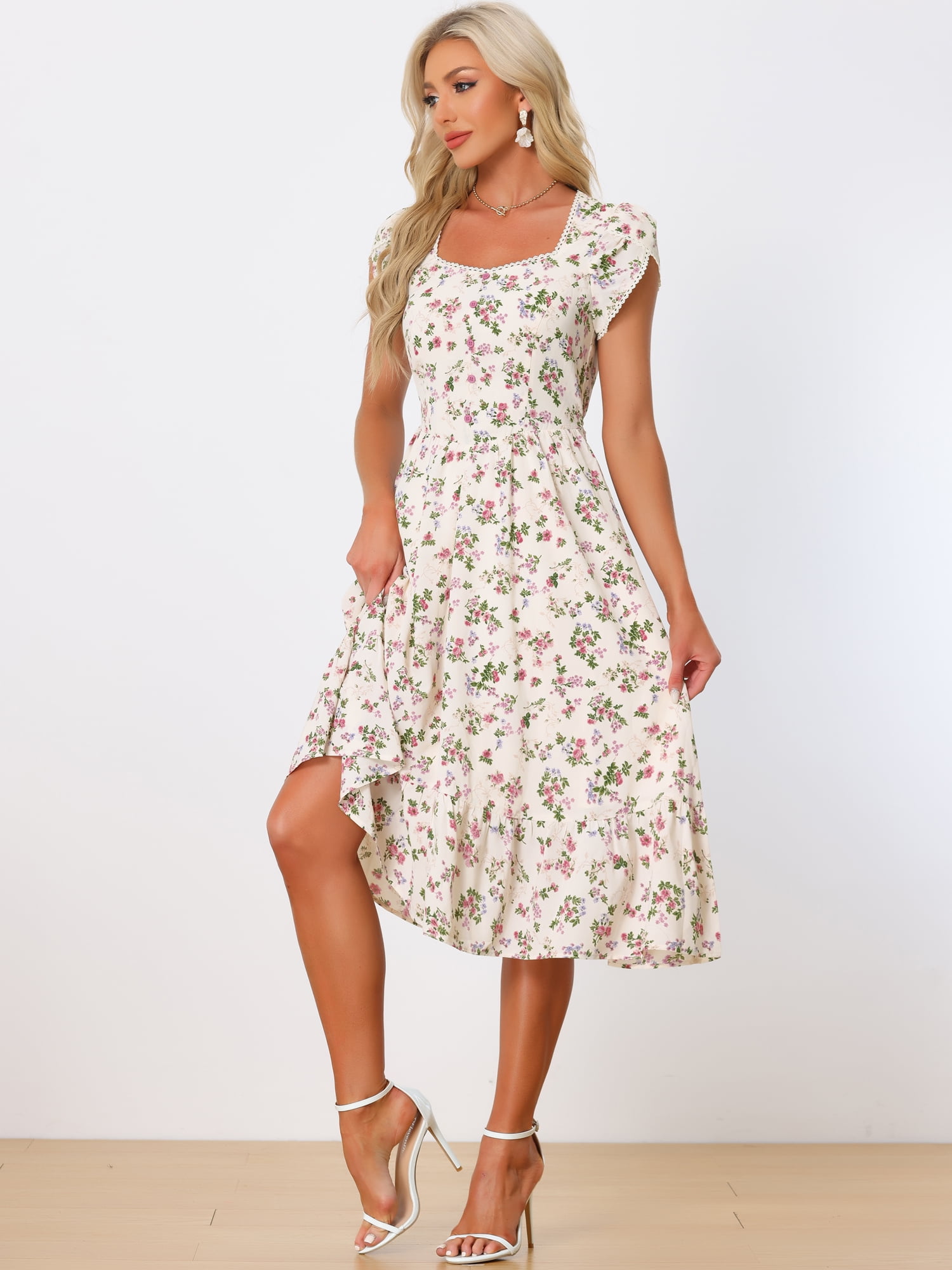 Unique Bargains Women's 2024 Summer V Neck Boho Floral Print Midi Long Dresses M Floral Pink Purple