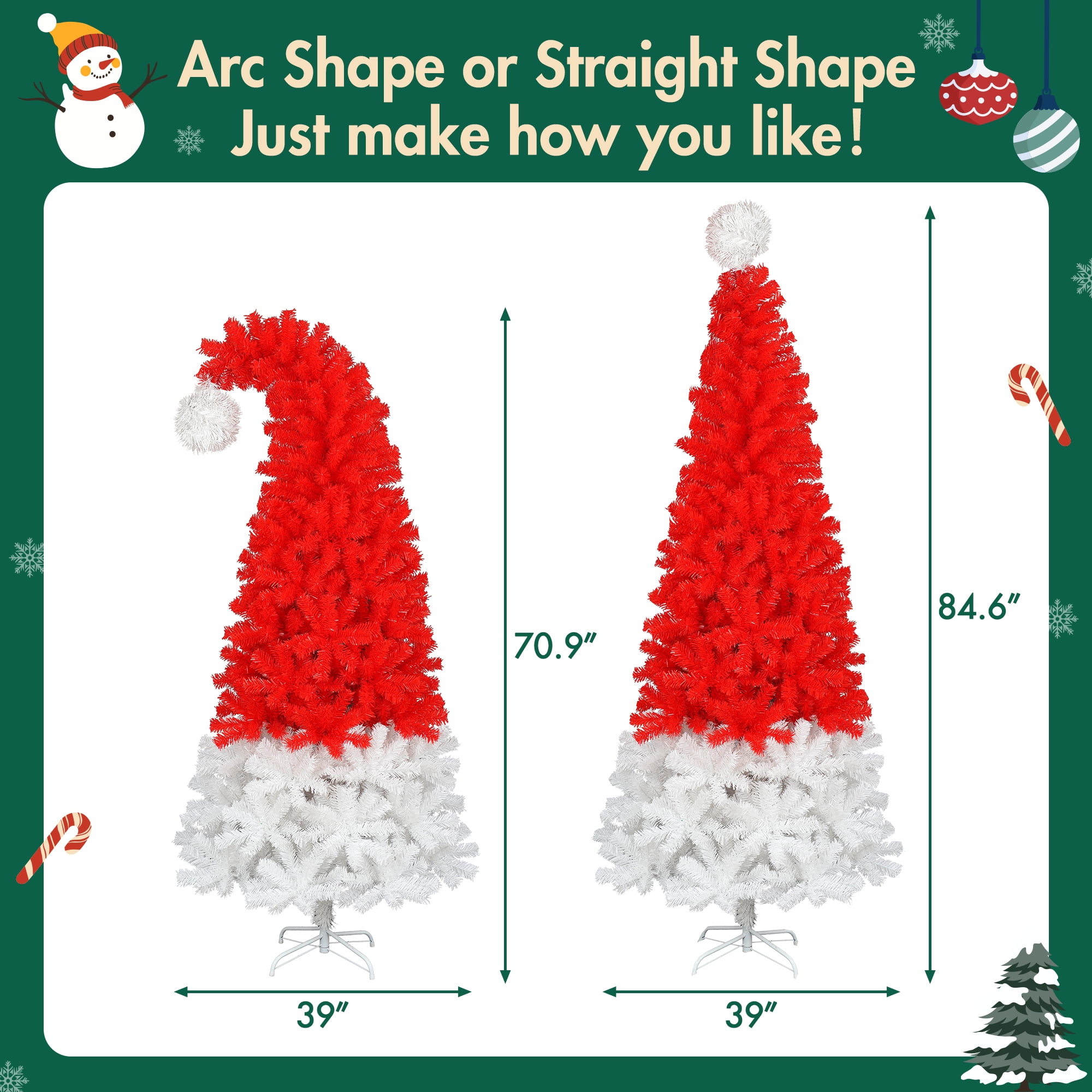 5ft Red and White Santa Hat Christmas Tree 1050 Tips 300 Cool White LED Lights Metal Stand Indoor Decor