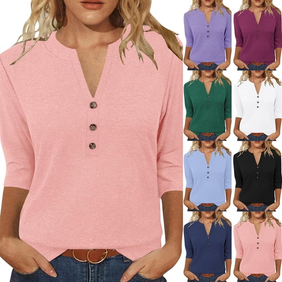 Meichang 3/4 Sleeve Henley Shirts for Women Dressy Casual V Neck Button Up Tops Fall Loose Fit Comfy Work Tunic Blouses