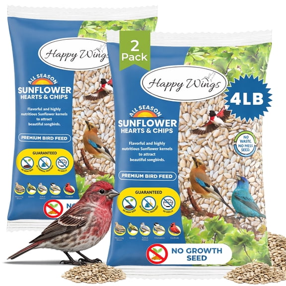 Happy Wings Sunflower Hearts & Chips, Sunflower Kernels, Wild Bird Feed and Seed, 4 lb. Bag, Dry, 2 Pack