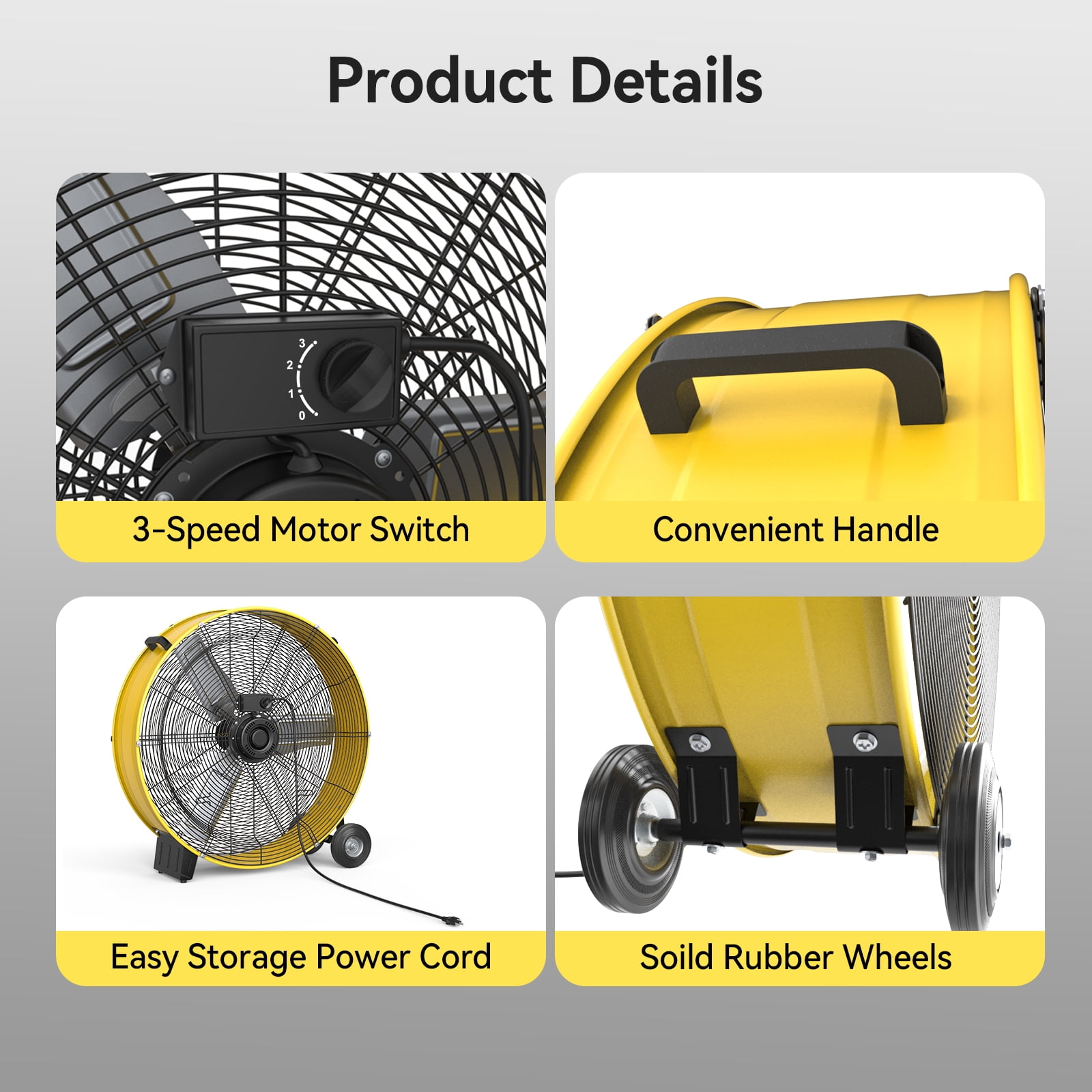 30 Inch 3 Speed High Velocity Industrial Drum Fan, 14000 CFM, Yellow, For Warehouse, Workshops, Garage, Factory and Basement, UL Safety Listed