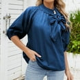 thumbnail image 4 of Perfectbot Womens Tops Plus Size Crew Neck Blouse Puff Elbow Sleeve Plain Bow Denim Going Out Fall Tops Trendy Shirts Size S-XXL, 4 of 7