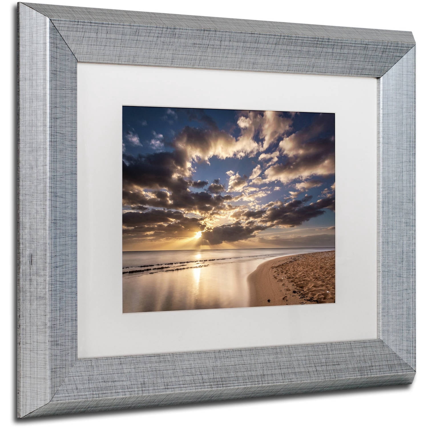 Trademark Fine Art 'Kauai Beach Sunrise' Canvas Art by Pierre Leclerc, White Matte, Silver Frame