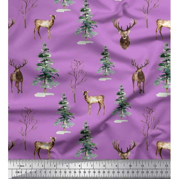 Soimoi Purple Poly Georgette Fabric Deer & Tree Watercolor Print Fabric by the Yard 52 Inch Wide