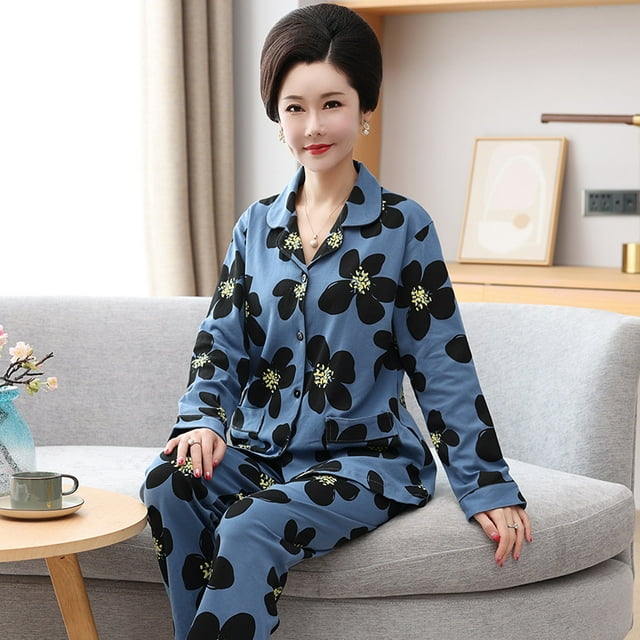 REDHOTYPE Femmes Matures Mode Imprimé Pyjama pour Dames Manches Longues Pantalon Long Coton Grande Taille Col Rond Tenue de Détente Ensemble Deux Pièces