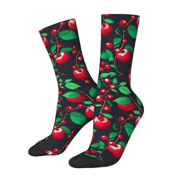 Cute Cherries Print Stockings Green Leaves Design Casual Socks Autumn Non-Slip Socks Ladie