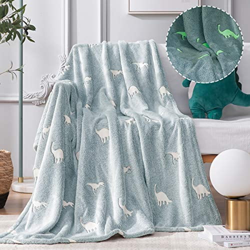 JINCHAN Dinosaur Throw Blanket Glow in The Dark Blue Lightweight Flannel Fleece Throw Blankets for Nursery Couch Bed Decor Magical Blankets All Seasons Gift for Girls Boys Baby Kids 40x60 Inch