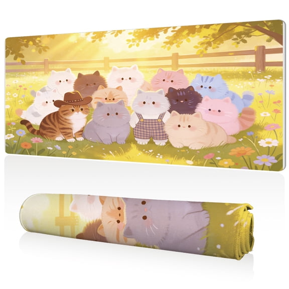 LIVEKEY XL Mouse Pad 80x40x0.3cm Playful Cats in Meadow with Cowboy Hat Design Full Desk Coverage Non Slip Durable Easy Clean Stitched Edges for Gaming and Office