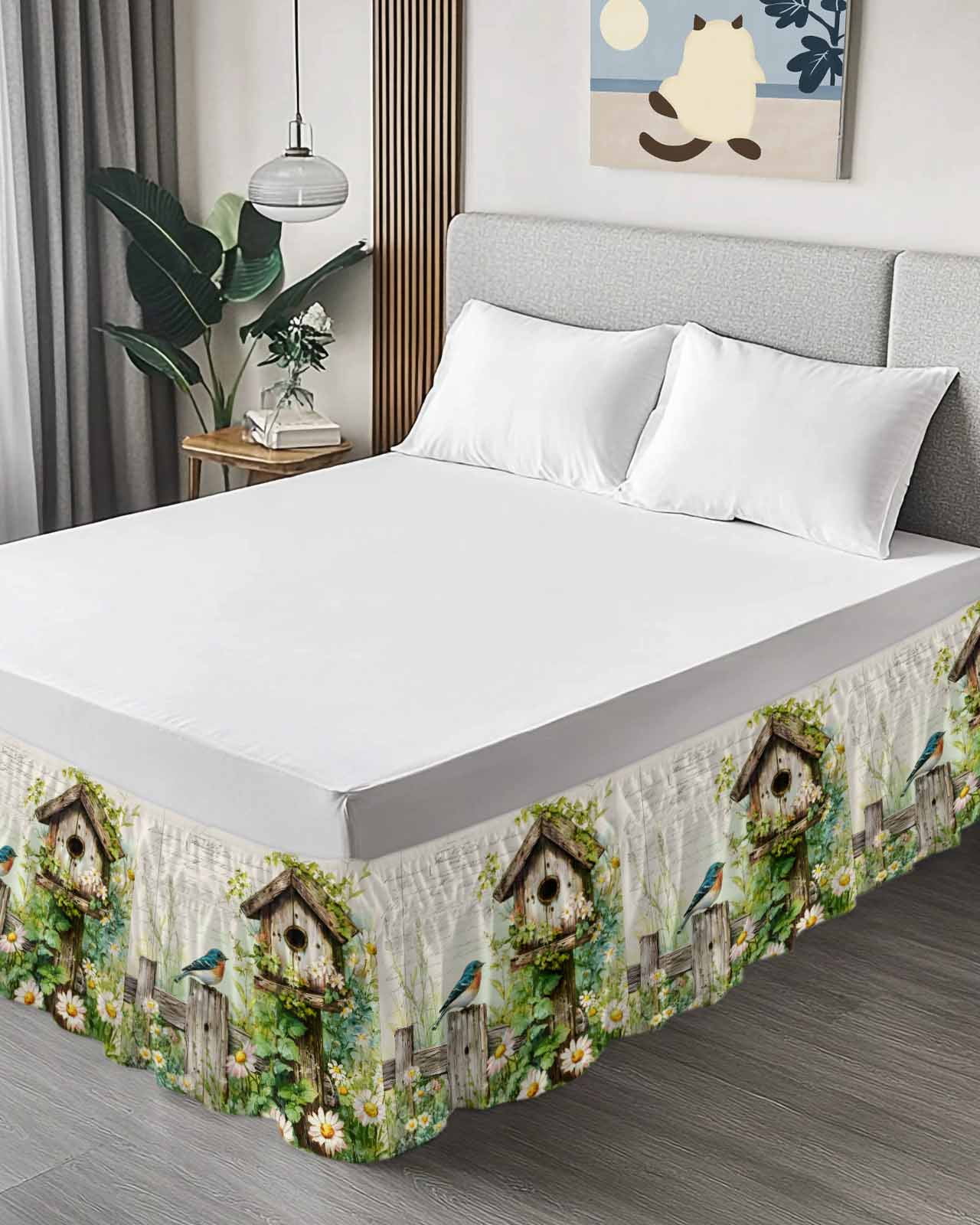 Spring Flowers Bed Skirt Queen Size 16 Inch Drop, Country Bird House Fence White Daisy Leaf Beige Adjustable Elastic Dust Ruffles Bedskirt for Queen Bed Wrap Around Pleated Mattress Frame Cover