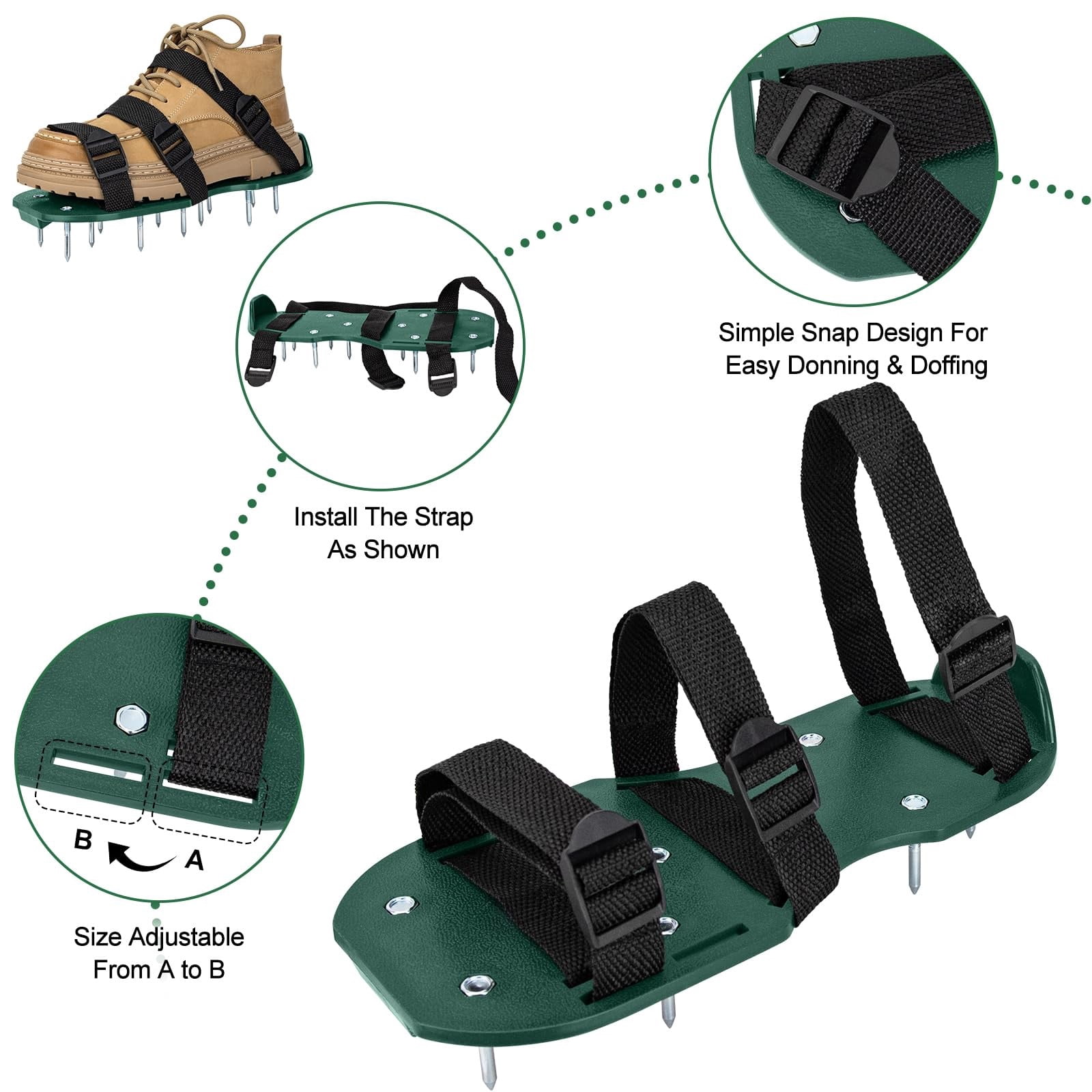 lawn aerator shoes,lawn aerator,aerating shoes for lawn,All New Unique Design Free-Installation Heavy Duty Spiked Aerating Sandals,One-Size-Fits-All for Yard Patio Lawn Garden(Green)