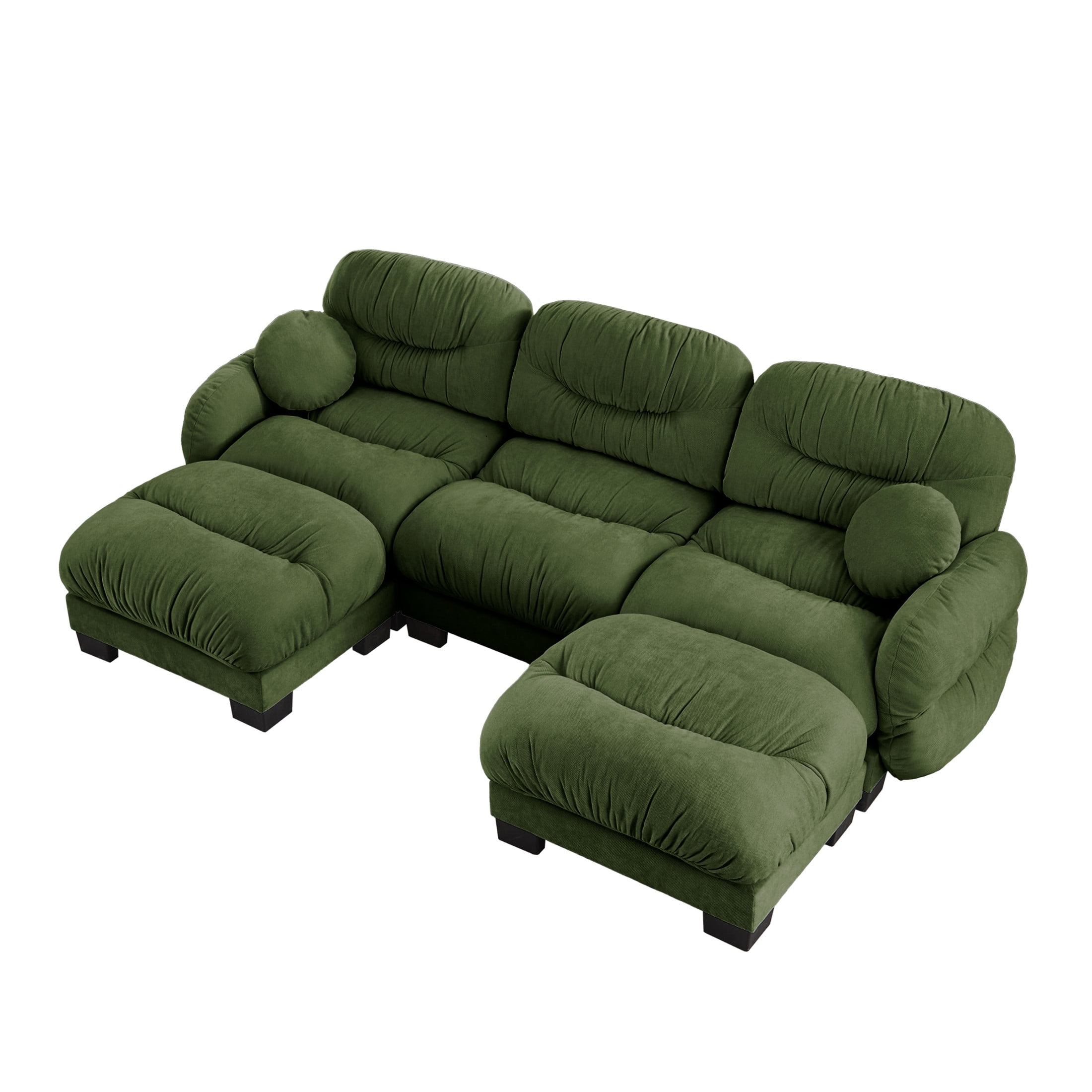 Noble House Corlan Pleated Chenille 3-Seater Sectional Sofa, Modular Deep Seat Couch with 2 Ottomans and Throw Pillows, Green