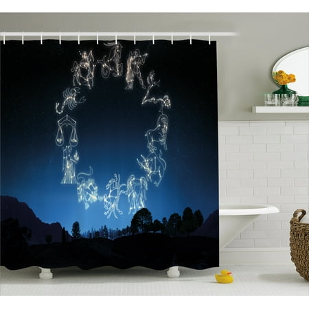 Astrology Shower Curtain Sketchy Zodiacal Sign Dots In Ombre Night Dark Sky In Forest Art Print Fabric Bathroom Set With Hooks 69w X 70l Inches