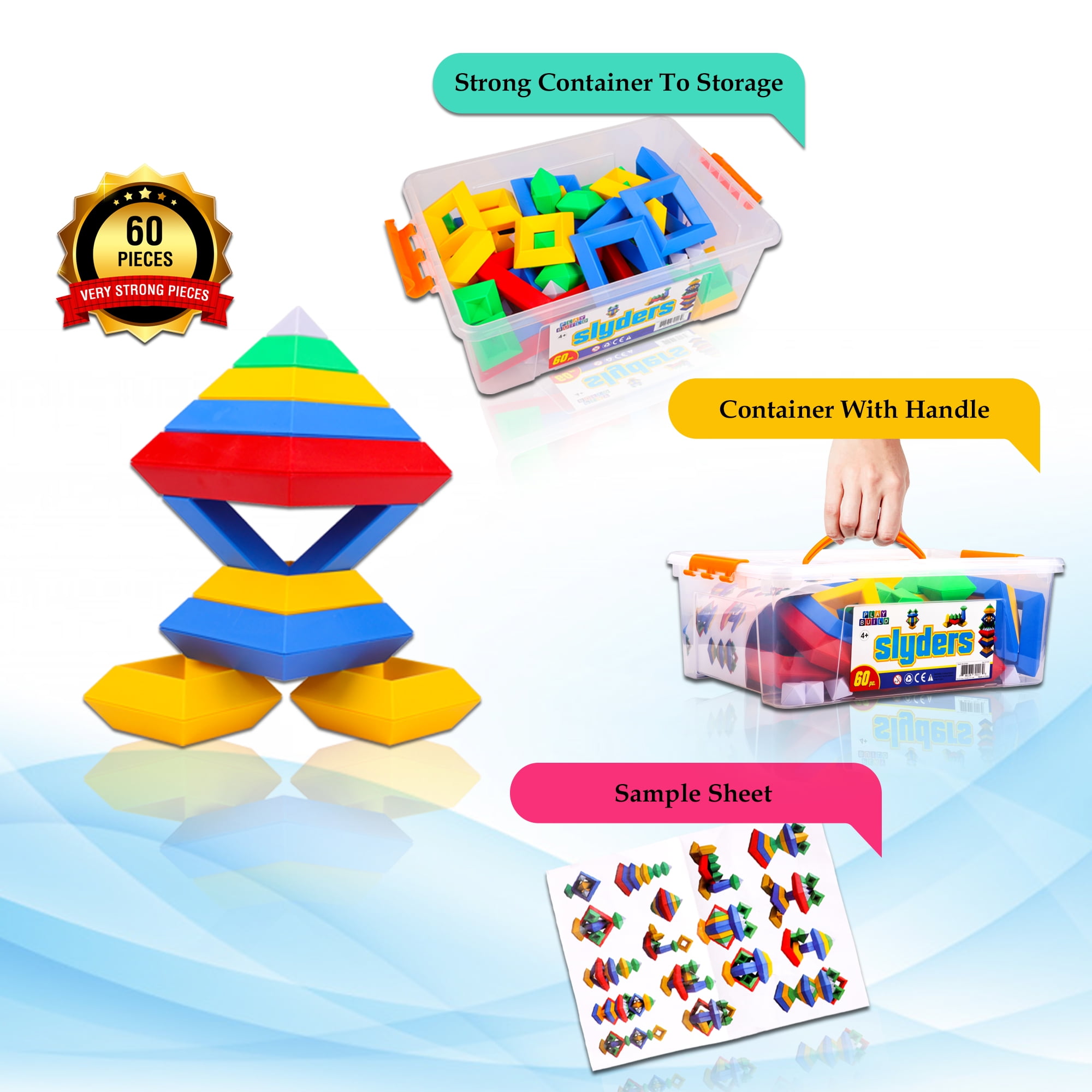 Play Build Slyder Set: 60 Pieces 3D Pyramid Building Blocks, Geometric Stacking Toys for Kids Ages 4+ - Creative Early Childhood STEM Educational Toys for Preschool Boys and Girls