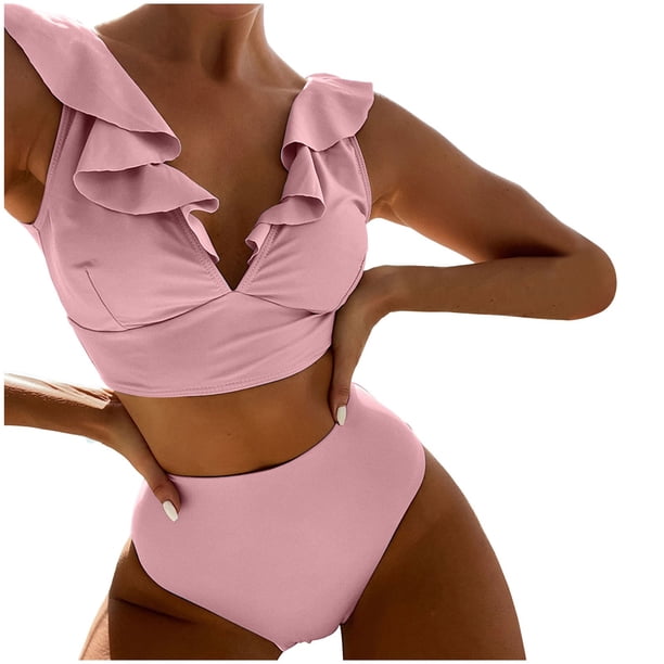 MKLEKYY Trajes De Baño Hombre Natacion New Multicolor Ruffled V Neck Split Swimsuit High Waist Split Bikini Women'S
