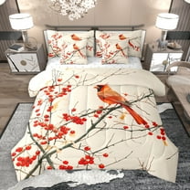Manfei Xmas Cardinal Bird 7pcs Bedding Comforter Set,Christmas Berry Queen Bedding Sets,Red Beige Queen Sheet Sets For Girl Teens,Breathable Home Decor