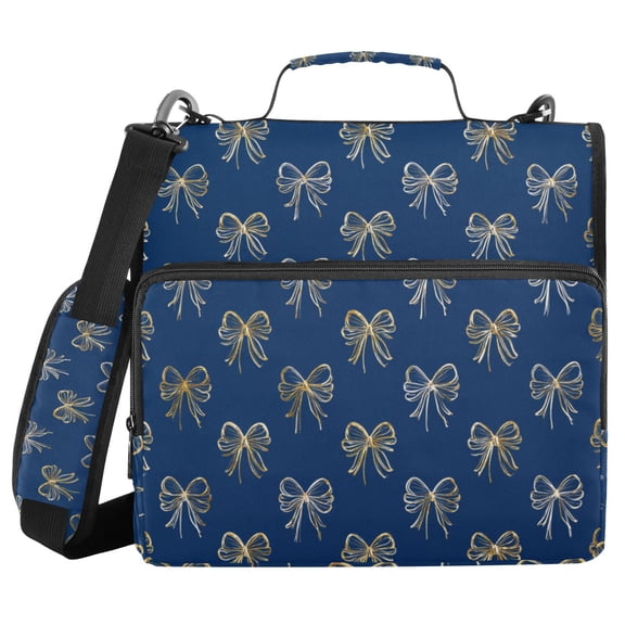 Blue Background Gold Bows Binder Bag with Shoulder Strap 3 Ring Zipper Binder File Folder Document Storage