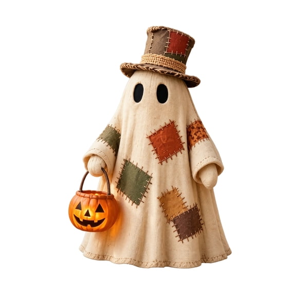 Halloween Patchwork Ghost Ornament Festive Home Decorative Figurine Halloween Tabletop Atmosphere Prop Piece Set Art 3.94*3.15*2.95 Inch No Light Edition,1PC