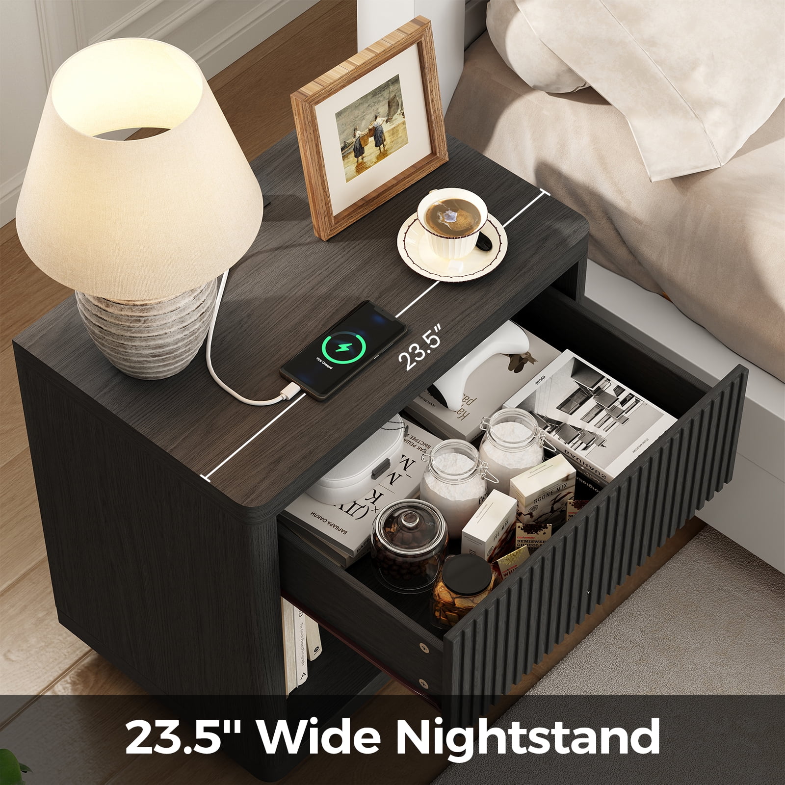 IDEALSOUL Nightstand Set of 2, 24inch Fluted Bedside Table with Charging Station, End Table with open Storage, Large Wooden Night Stands Bedside for Bedroom Living Room(2pcs, Black)