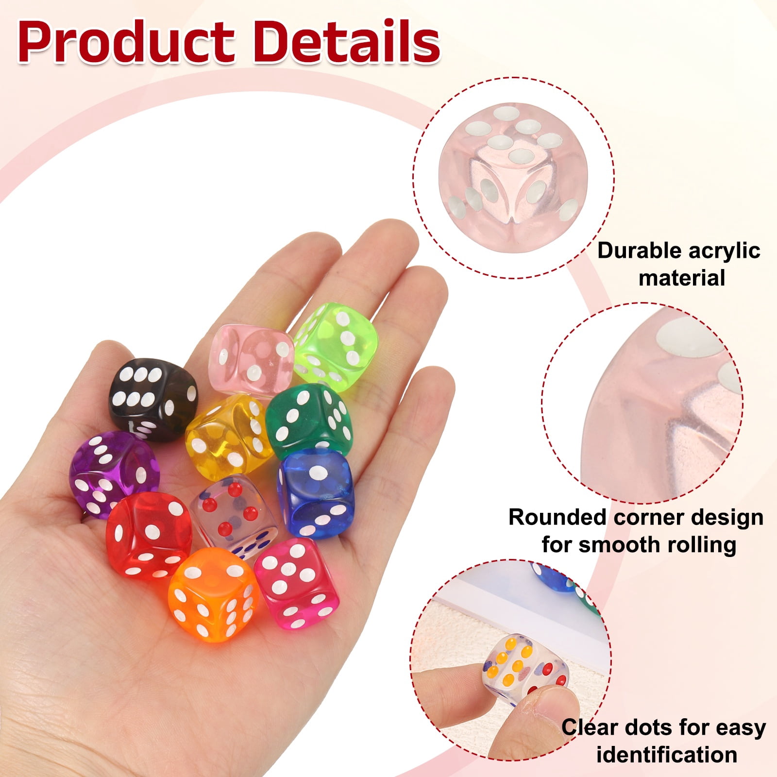100Pcs Translucent Polyhedral Dice 16mm Square Dice W Rounded Edge, Pink