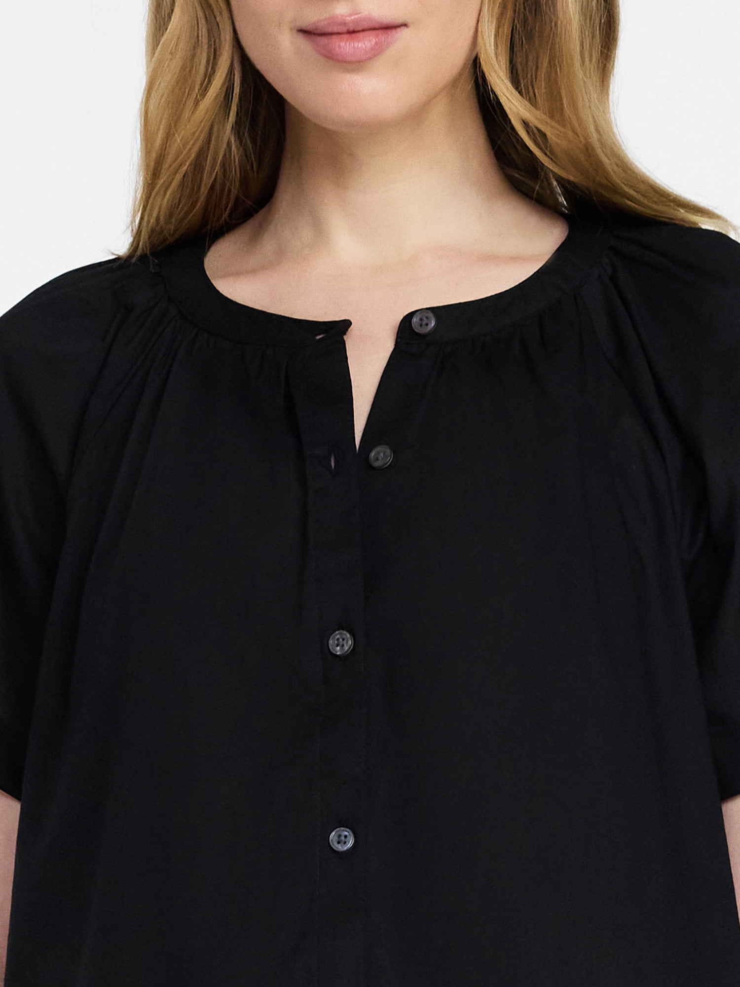 Time and Tru Women's Cotton Button Up Blouse with Short Sleeves, Sizes XS-XXXL