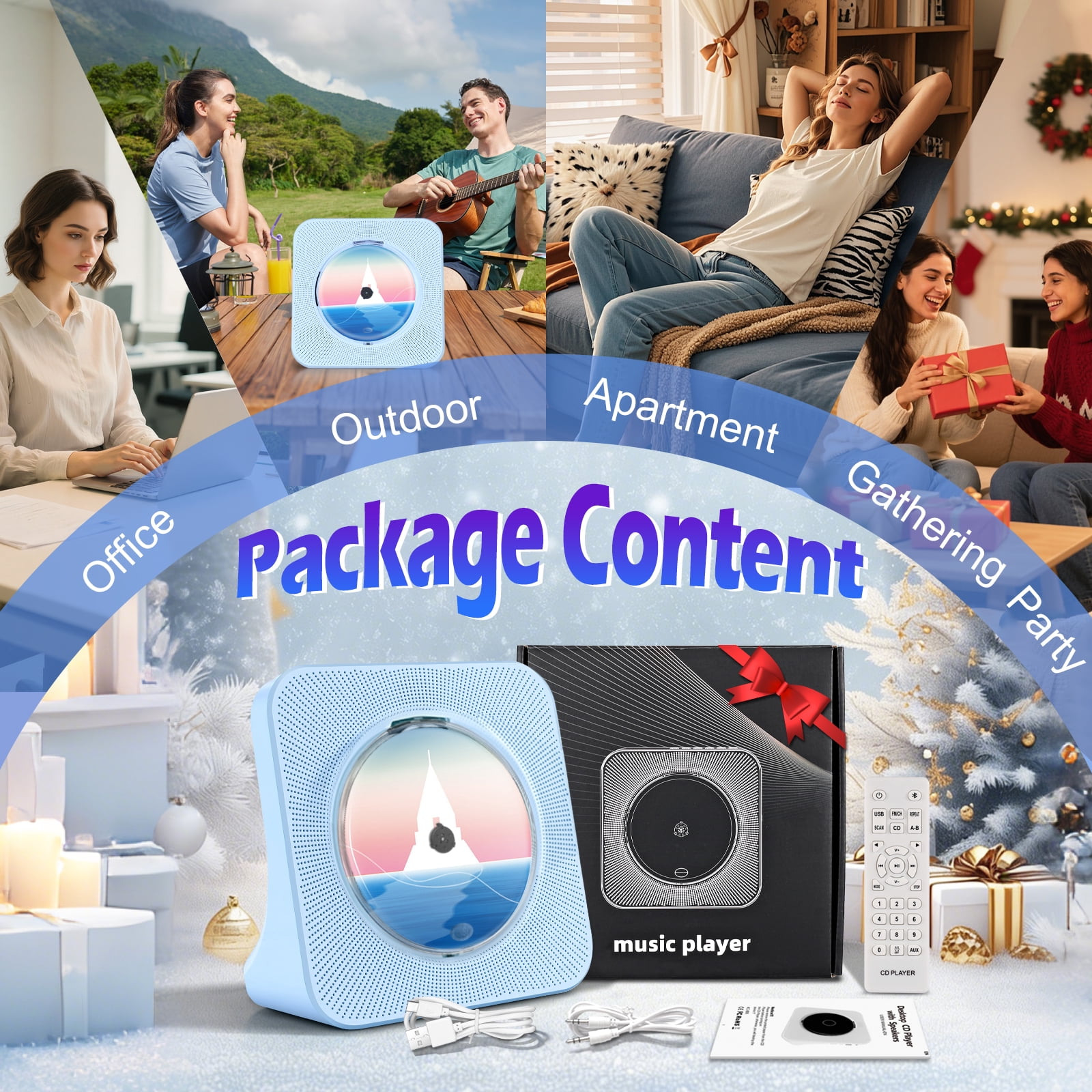 Blue Desktop CD Player for Home Portable CD Player with Bluetooth Support CD/Bluetooth/FM Radio/USB/AUX, Small HiFi Speakers with  Remote Control
