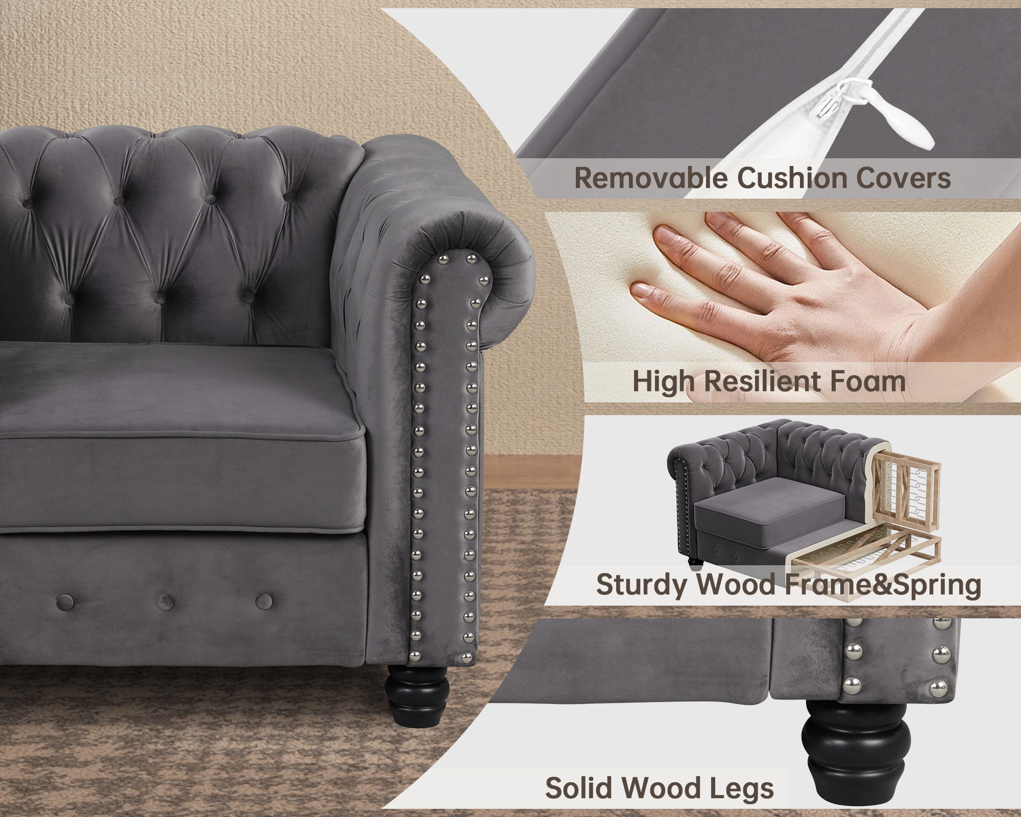 Morden Fort Chesterfield Chair Loveseat and Sofa Set, 3 Pieces Living Room Velvet Couch Set, Grey