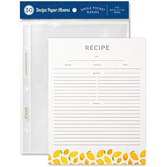 Recipe Card Paper Full Page 8.5x11 with Crystal Clear Page Protectors for 3 Ring Binder, 30 Count (Lemon Twist) - Recipe Cards