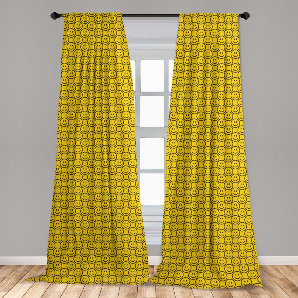 Emoji Curtains 2 Panels Set, Flat Smiley Faces Expressing Happiness in