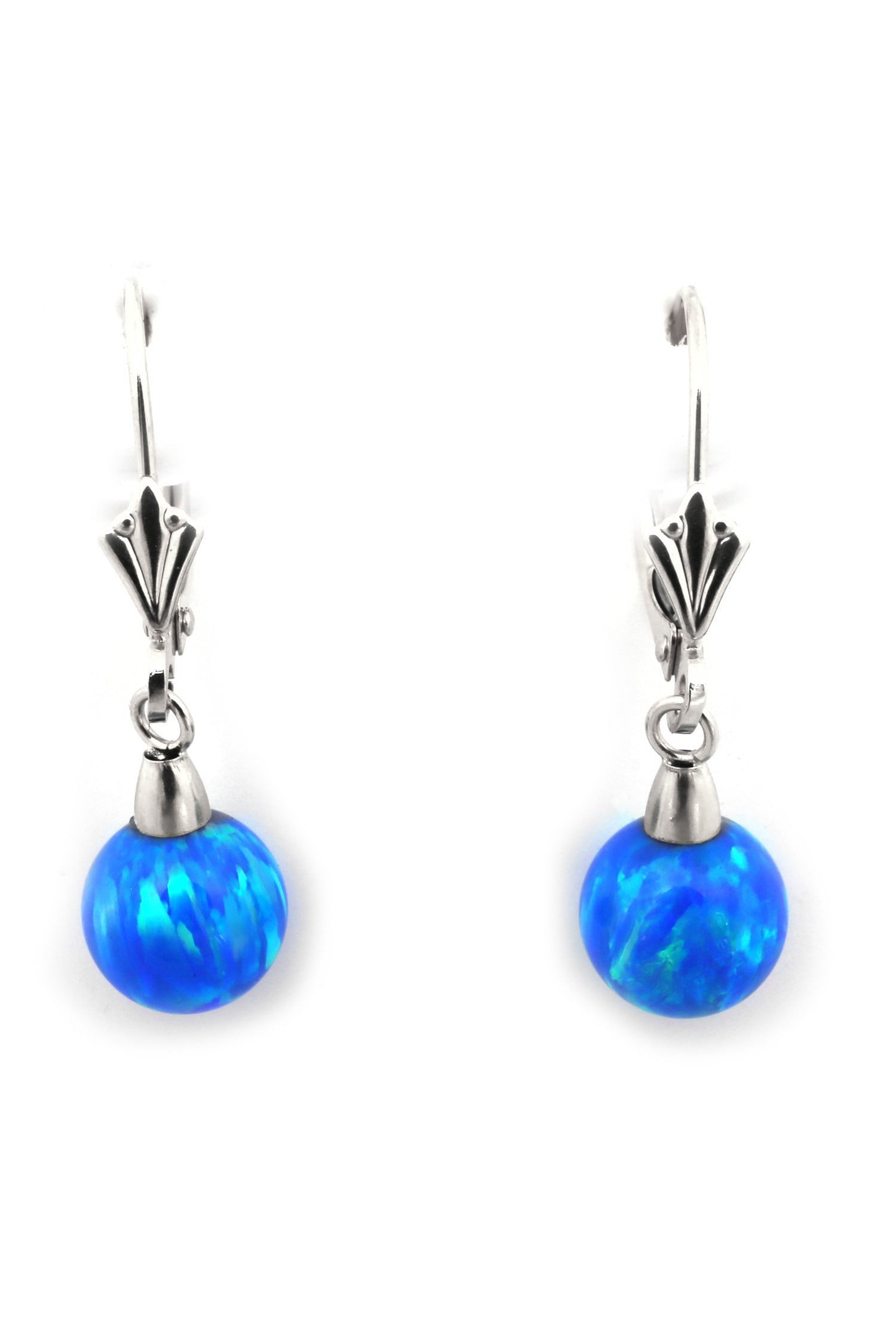 14k Yellow or White Gold 6mm White, Light Blue, Blue, Pink or Green Simulated Opal Dangle Leverback Earrings by