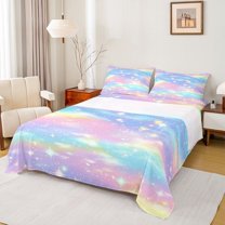 Manfei Dreamy Galaxy Rainbow Queen Sheet Sets for Kids, Glitter Stars Print Flat Sheet, Fairy Tale Princess Style Queen Fitted Sheet, Breathable Home Decor, 4 Pieces