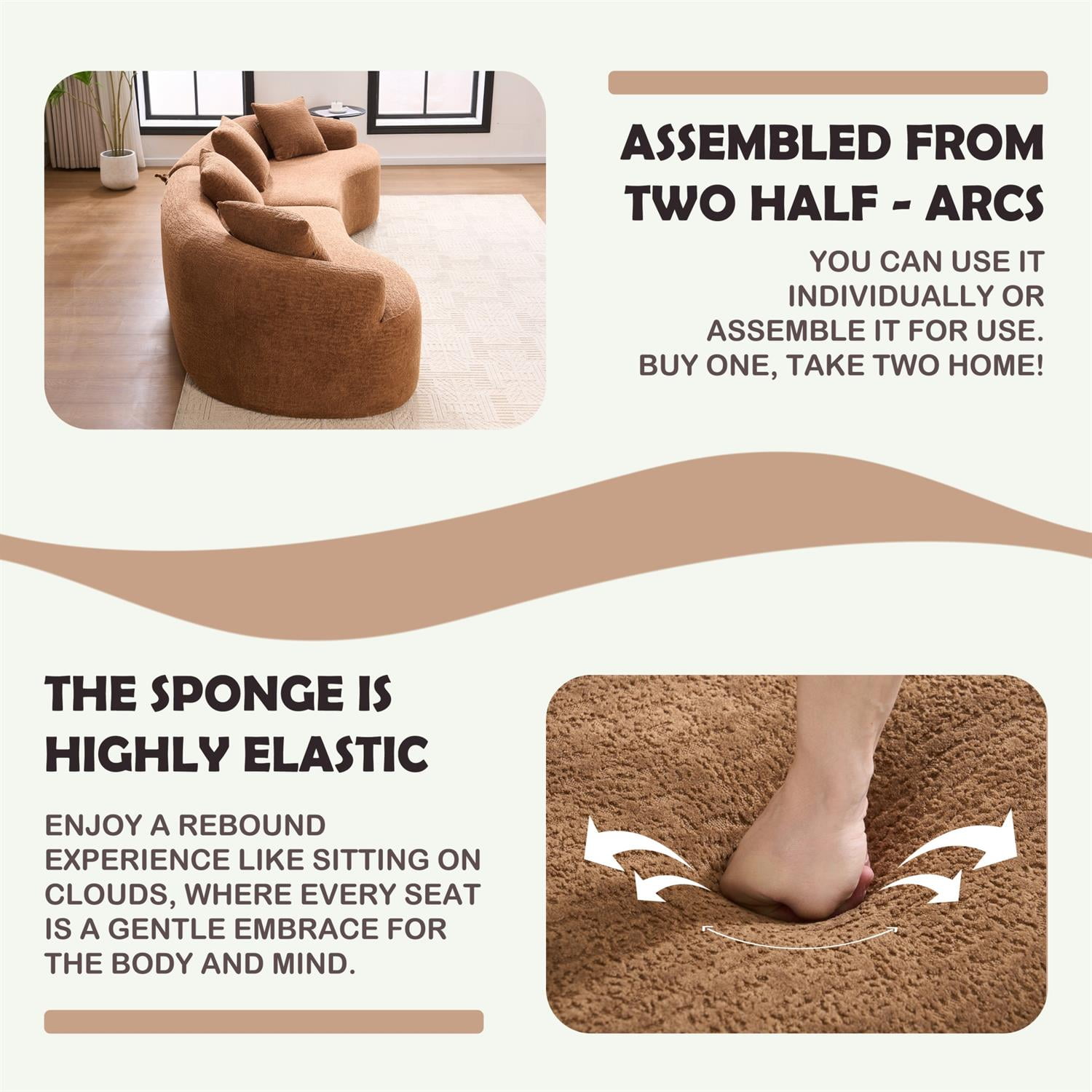 Demi Bonn 110"L Modular Sectional Sofa with Full Compression Sponge, Curved Design, High-Density Chenille Sleeper Couch for Living Room, 800 lbs Capacity, Beige