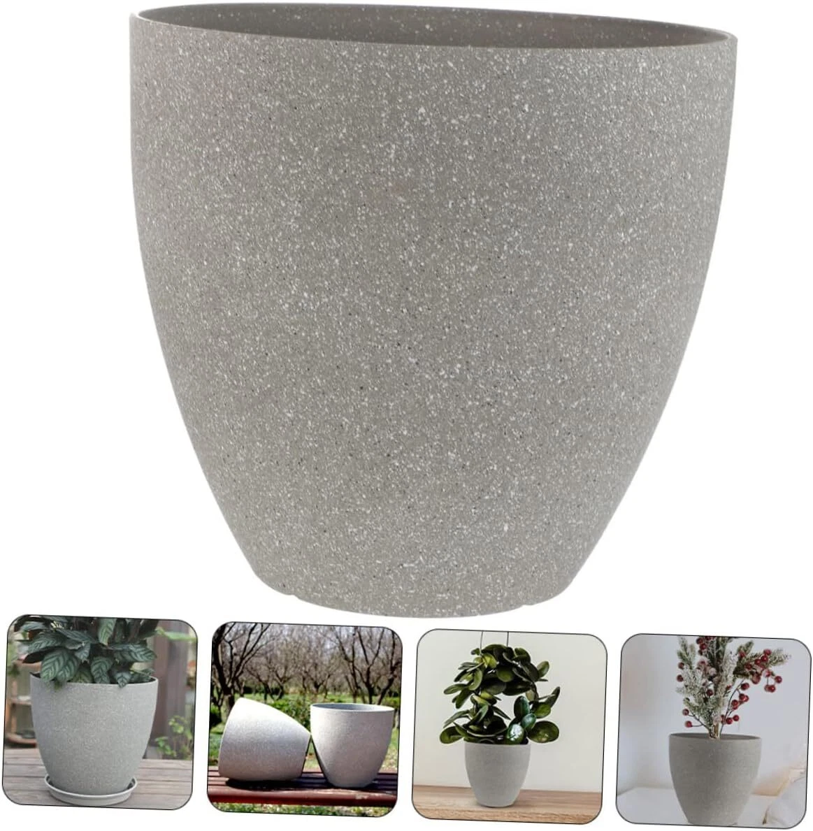 Colourtree Light Grey Simulated Stone Flower Pot Stylish Resin Planter with Drainage Holes and Resin Tray, 11.8”(Upper D)x 7.1”(Bottom D) x 11.8”(H)