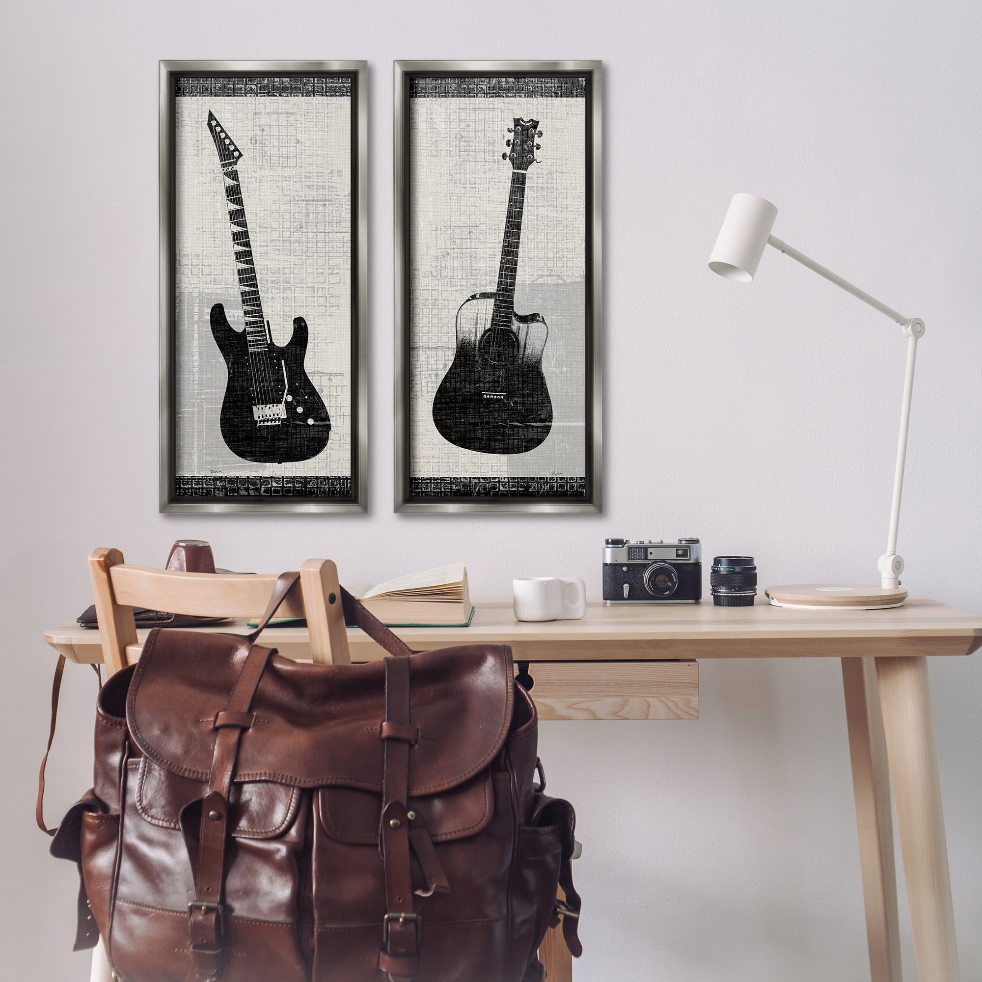 Stupell Industries Electric Acoustic Guitar Entertainment Painting Gray Floater Framed Canvas Art Print Wall Art, 14 x 31, Set of 2