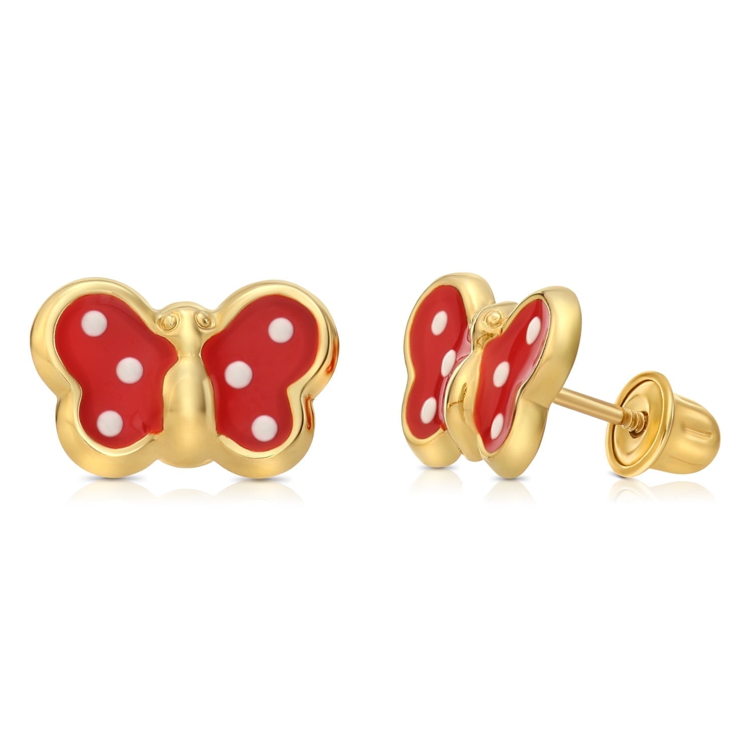 Tilo Jewelry 14K Yellow Gold Red Poke-A-Dot Enamel Butterfly Stud Post Earrings with Secure Screw-Backs | Everyday Dainty Small Earrings
