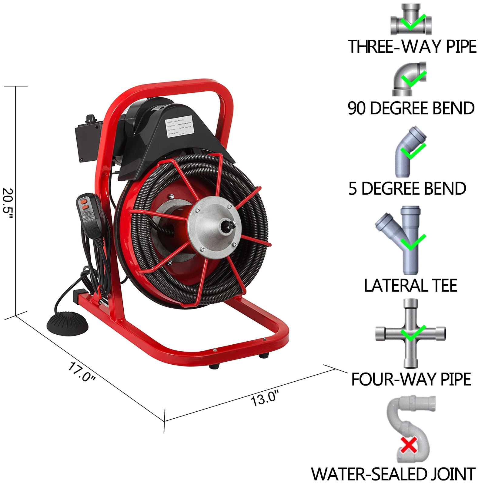 Drain Cleaner Machine 50FTx3/8In. Electric Drain Auger 250W Sewer Snake  Machine,Fit 1-1/2''(