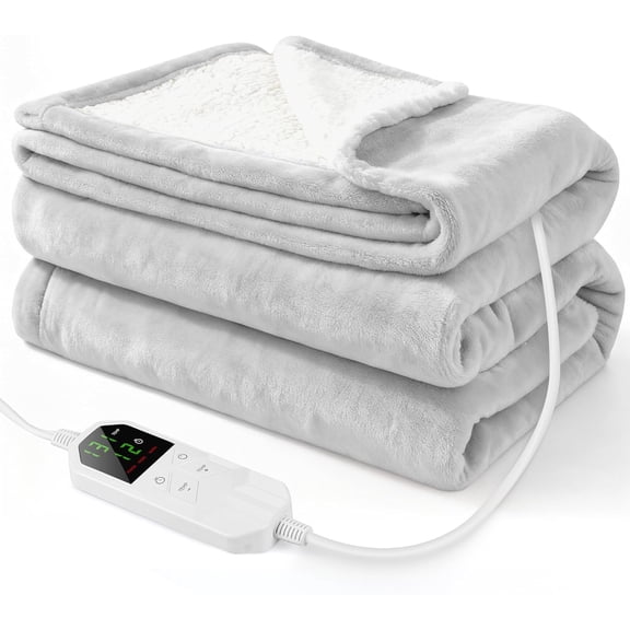 Electric Heated Blanket Full Size 72" x 84", Soft Plush Flannel & Sherpa Electric Blanket with 8 Heat Settings, 1-12H Auto-Off, Fast & Even Heating, Machine Washable, for Home & Office, Light Gray