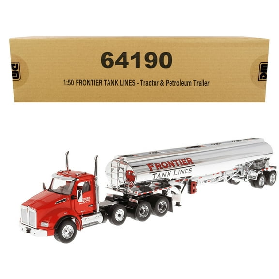 Kenworth T880 SBFA Tandem Day Cab Truck w/Pusher Axle & Tanker Trailer Red & Chrome Ltd Ed 1/50 Diecast Model by Diecast Masters